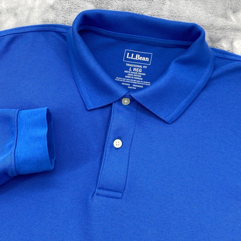 LL Bean Mens Blue Long Sleeve Pique Polo Shirt Traditional Fit Large 300459